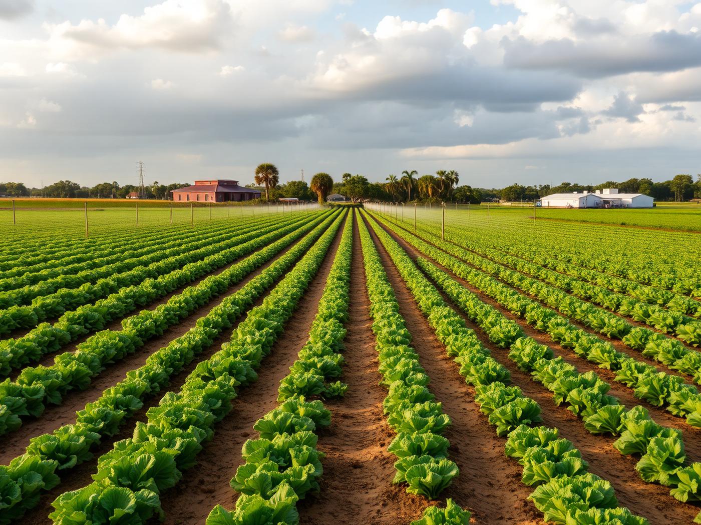 Planted vegetable rows and farm buildings on open farmland near Homestead