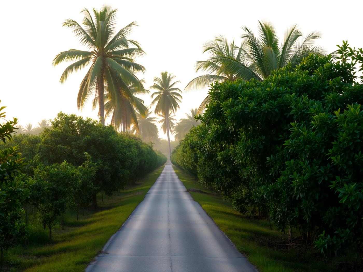 Tropical fruit groves and royal palms lining a narrow rural road in the Redland area