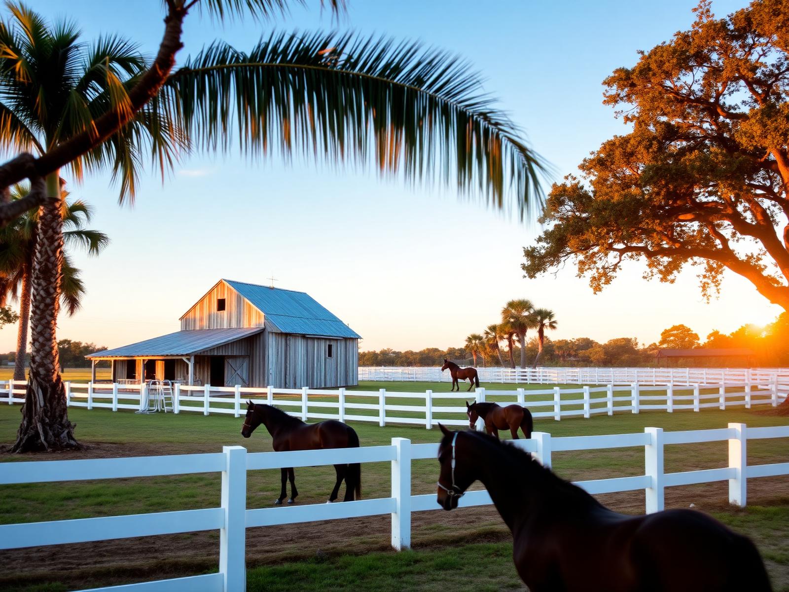 White fenced paddocks and a weathered barn with horses grazing at sunset