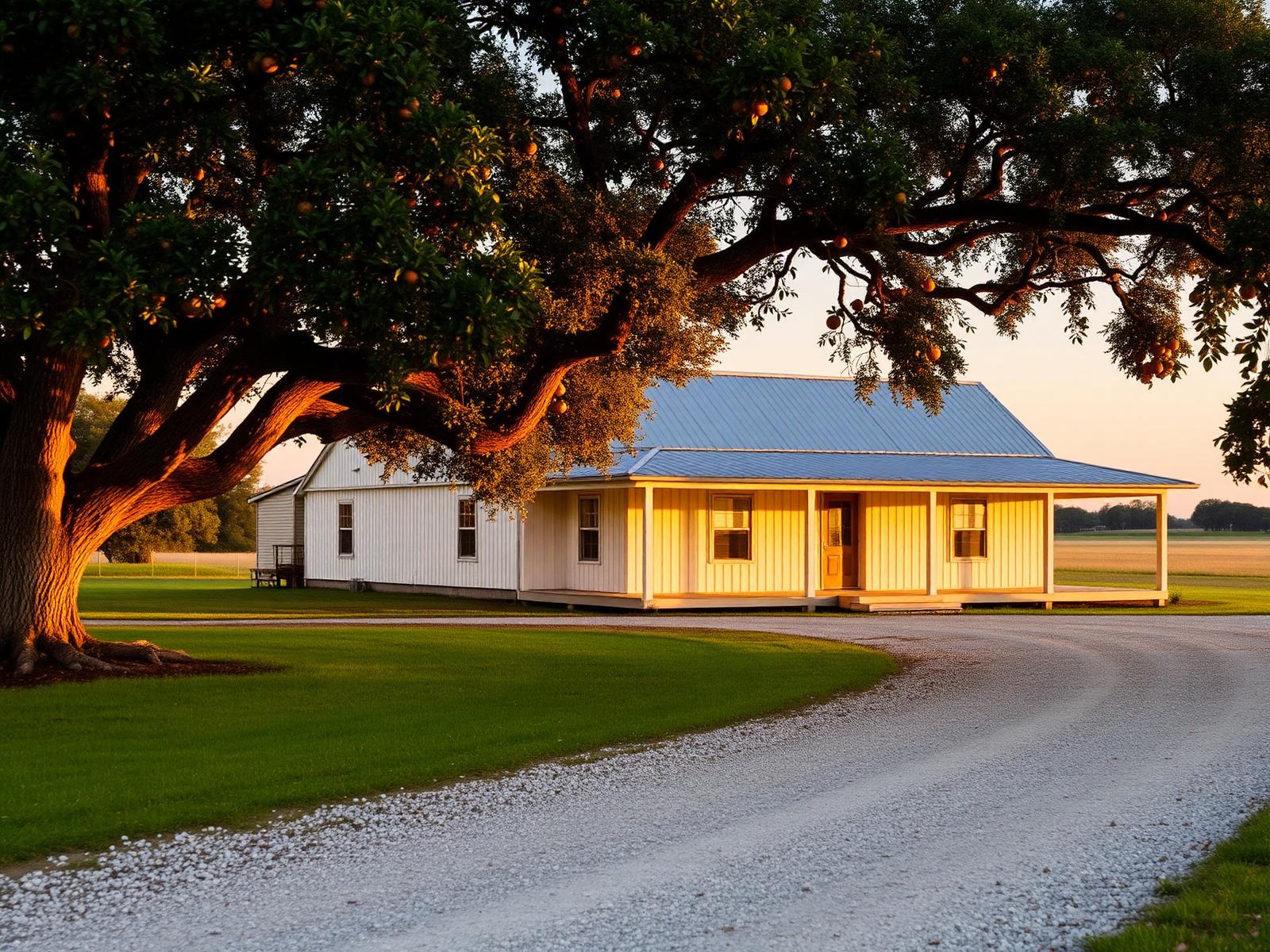 White farmhouse with a metal roof and deep porch beside a large oak
