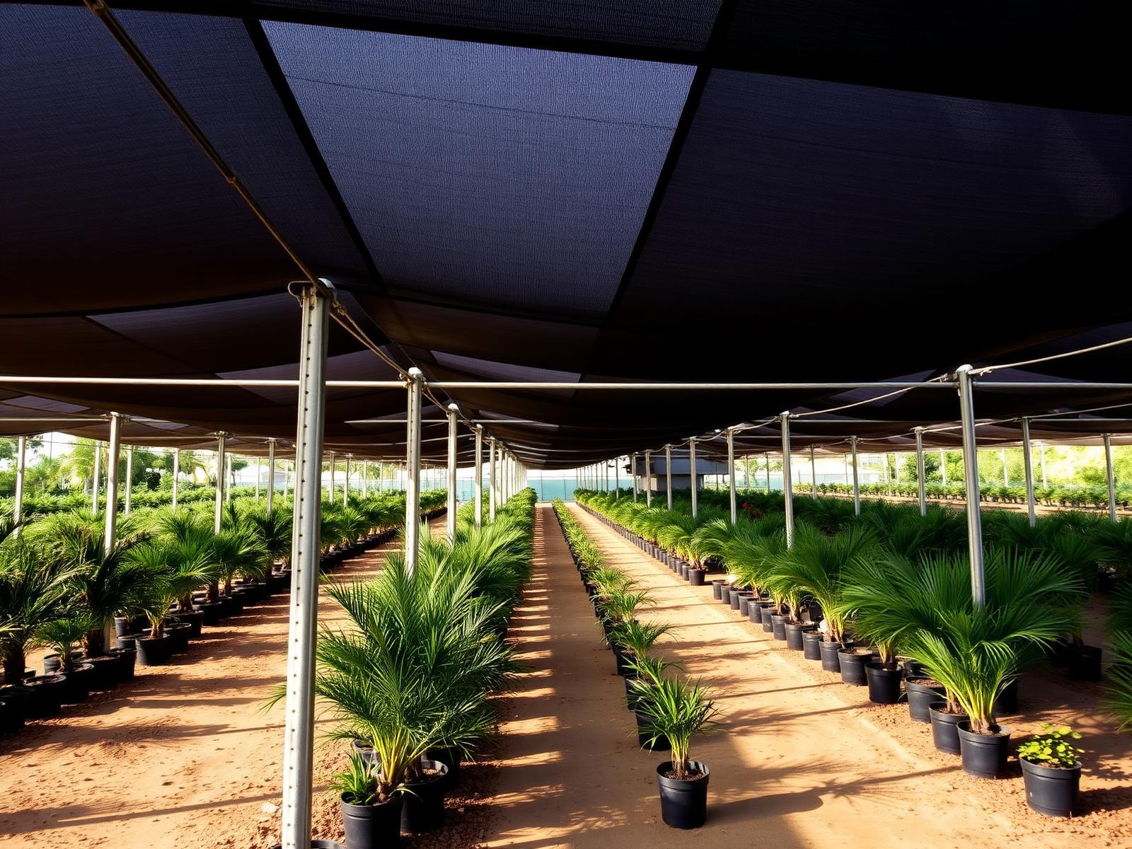 Rows of potted palms under black shade cloth at a tropical nursery
