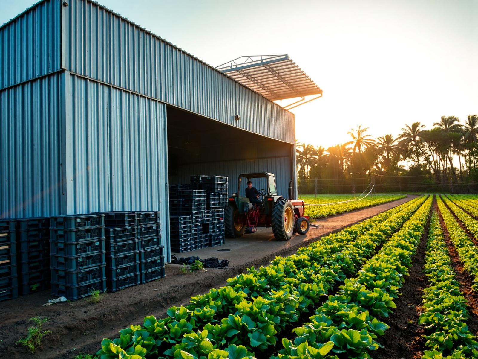 Metal packing shed with a tractor and stacked crates beside planted rows