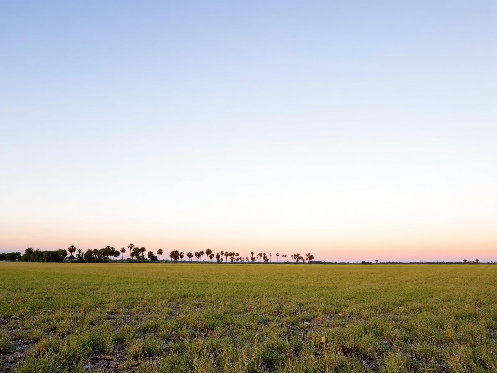 Flat cleared agricultural field with a distant palm treeline at dusk